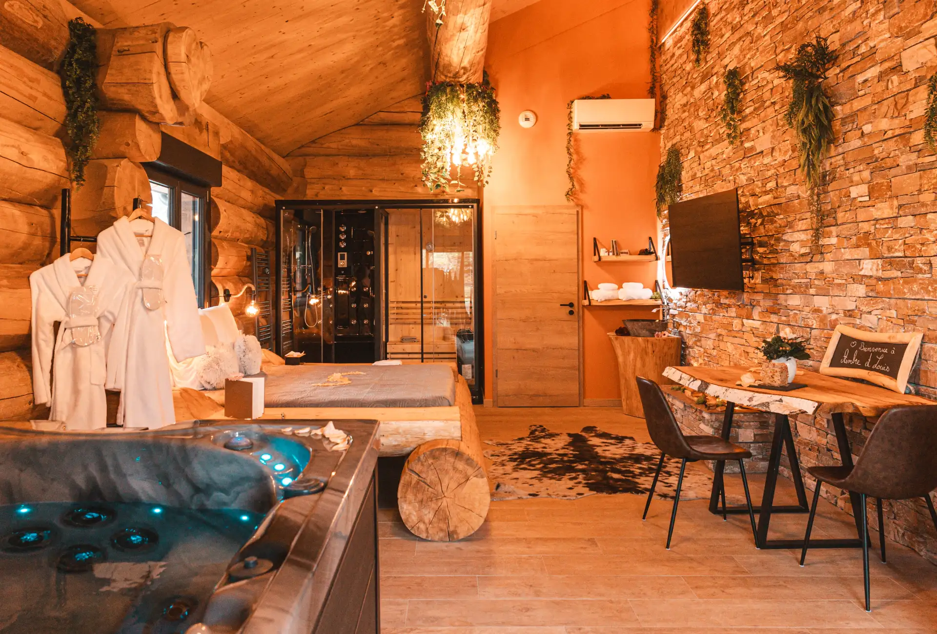 Intérieur boisé d’un chalet romantique avec jacuzzi privatif