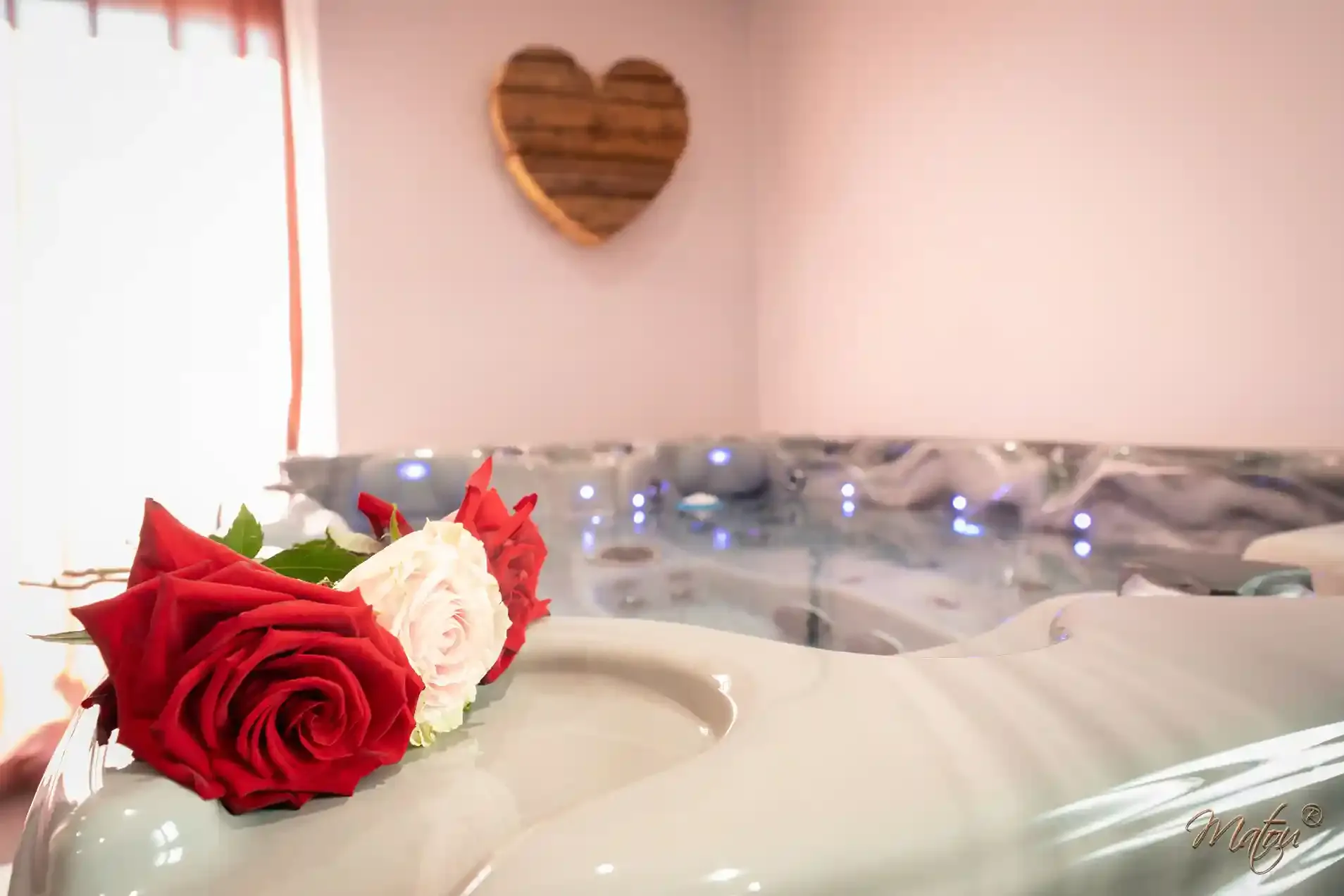 Roses rouges et blanches posées devant un jacuzzi privatif